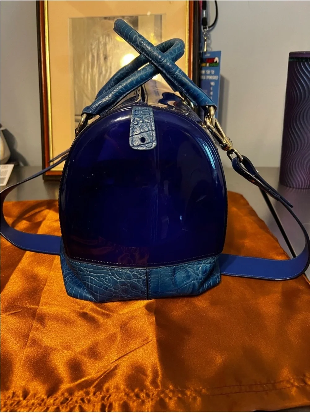 Furla Patent Dome Satchel in Deep Blue with Teal Trim